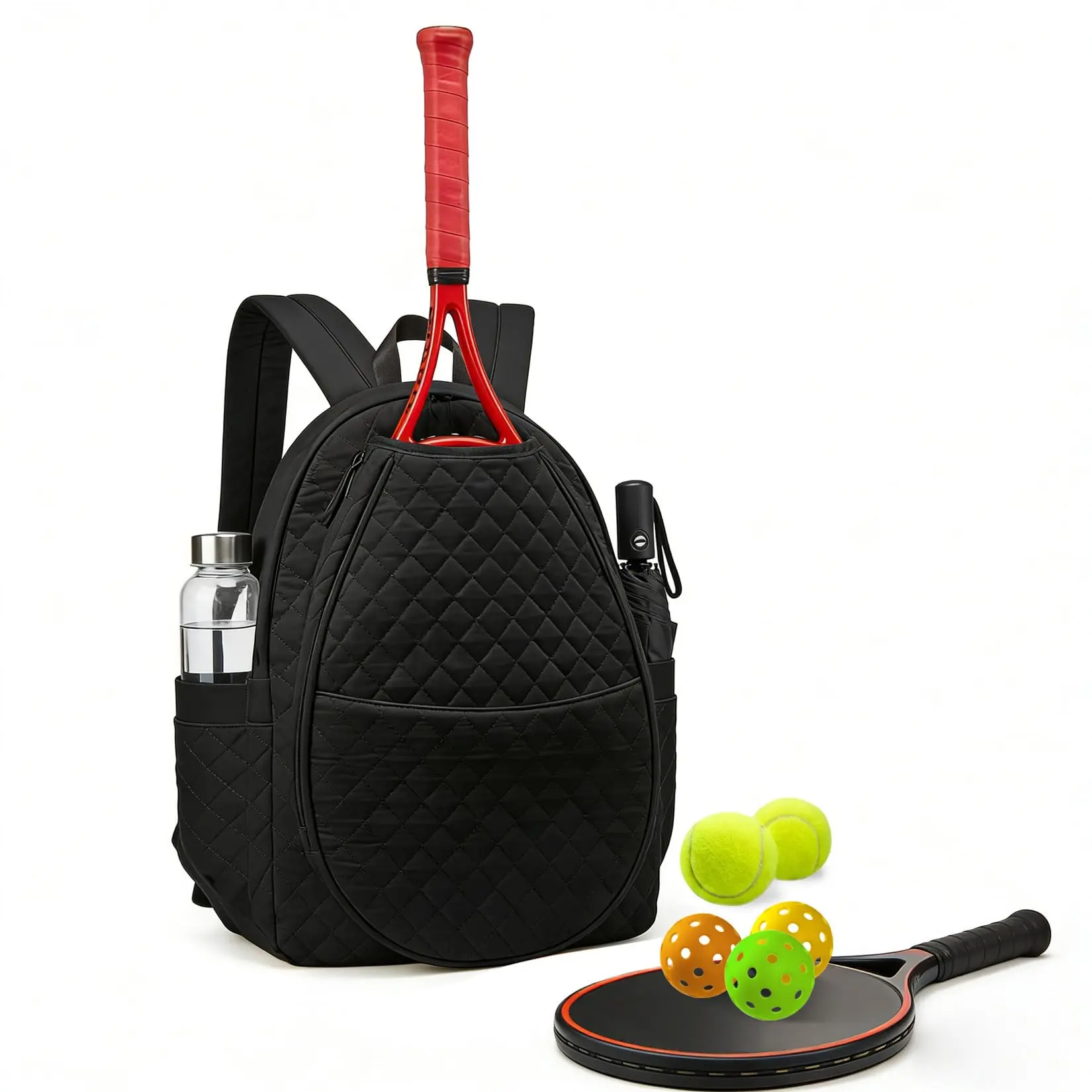Quilted Tennis Bag for Women - Lightweight Crossbody Racket Bag Fits 1-2 Tennis Racquets - Spacious Sports Bag with Accessory Pockets - Durable Design for Pickleball, Badminton, Black