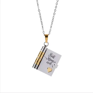 Best Mom Ever Necklace Gift for Mother's Day Birthday Stainless Steel Book Pendant with 6 Pages Engraving Details Love Jewelry for Mom