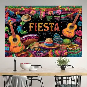 Vibrant Mexican Carnival Photography Backdrop, Fun Cactus & Guitar Props, Perfect for Holiday Birthdays, Durable Party Decorations