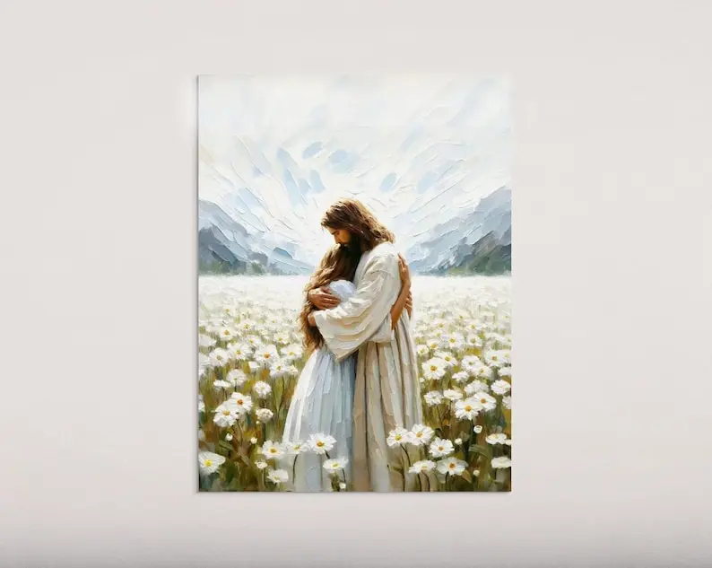 His Love, Modern Christian Art, Jesus Hugging Girl, Jesus Painting, LDS Art, Mormon Art, Bible Wall Art, Jesus and Woman, Christian Prints