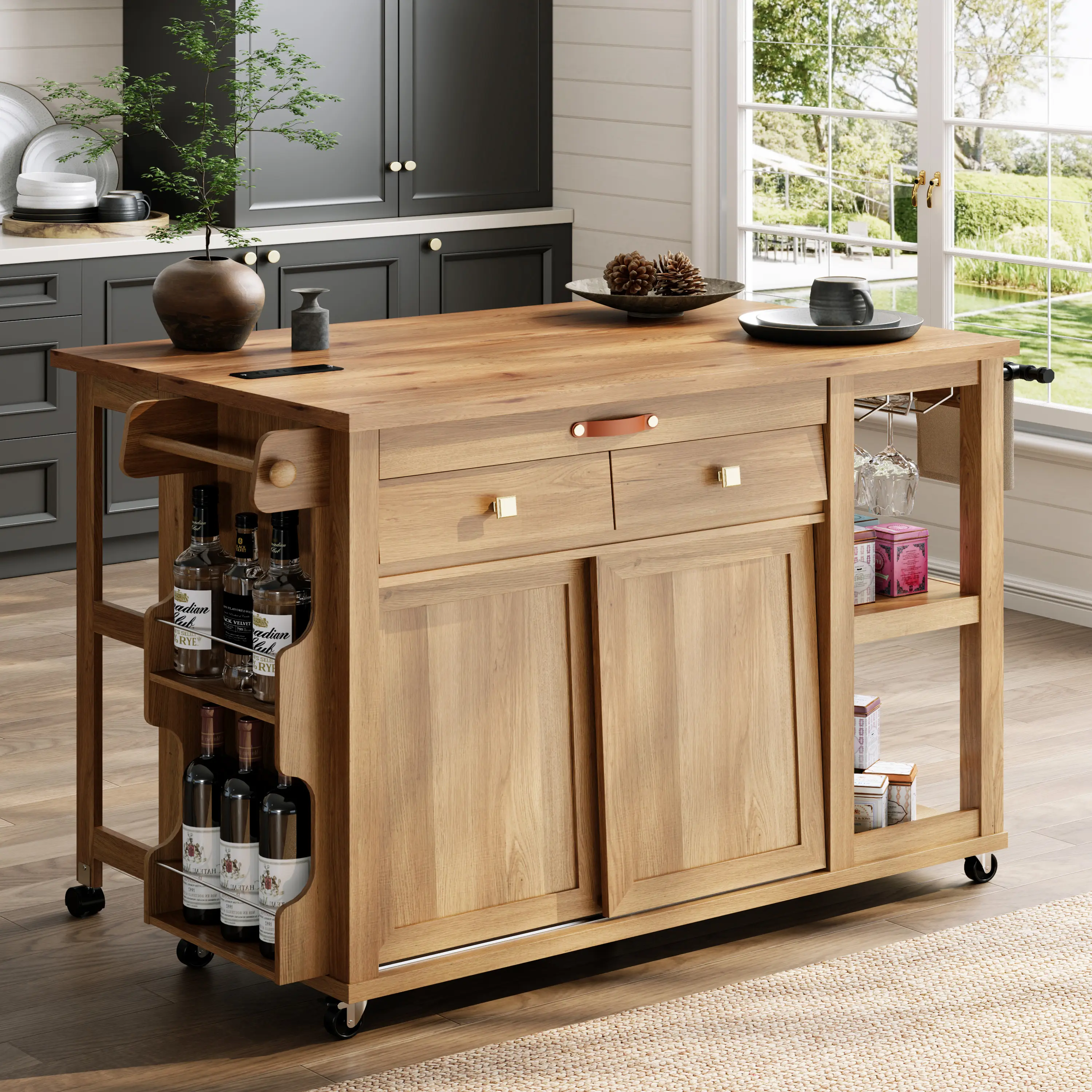 Kitchen Island with Storage & Charging Station, Rolling Island Table on Wheels with Drop Leaf & 2 Drawers, Mobile Island Cart with Pull-Out Shelf, Spice Rack, for Dining Room