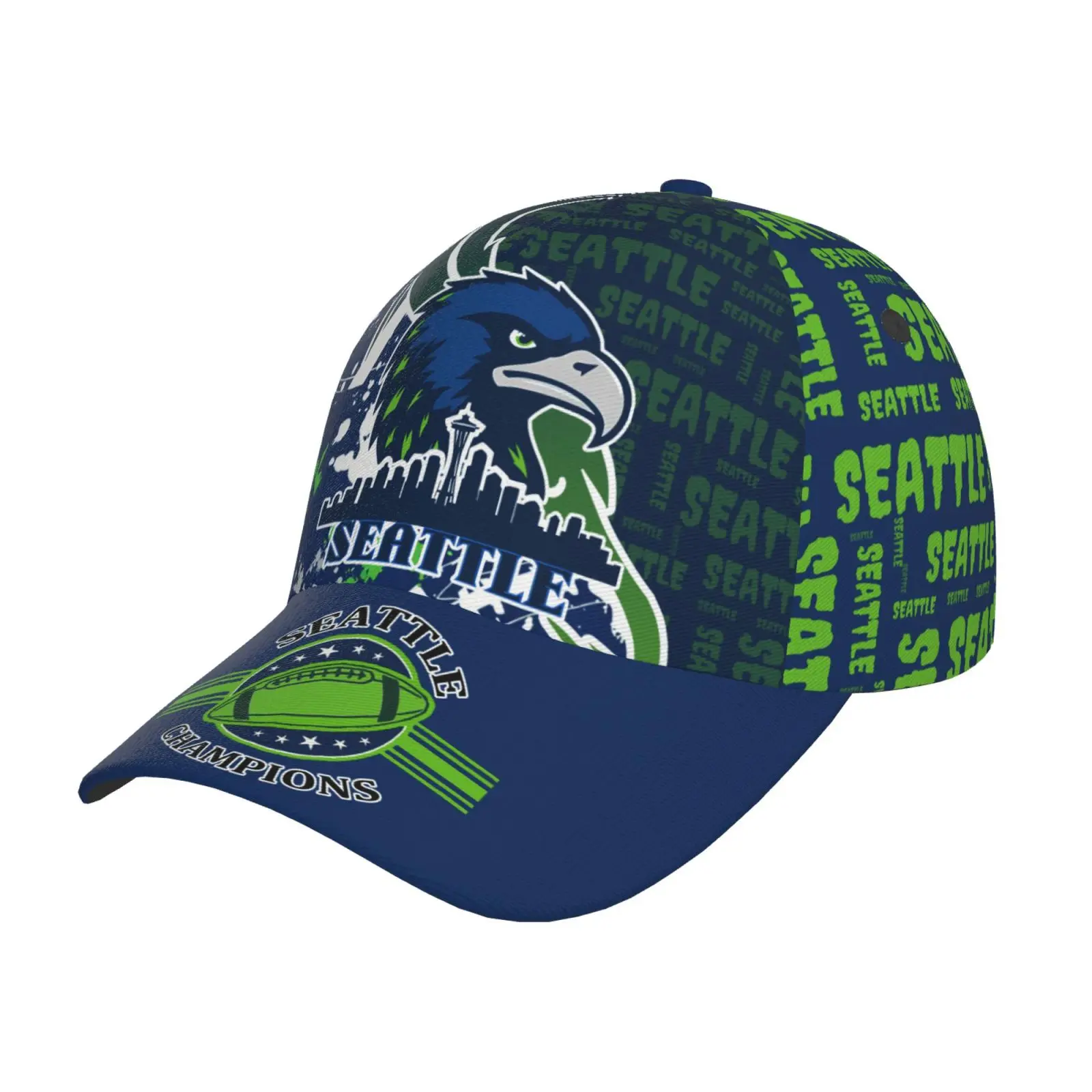 Twill Fabric Baseball Cap with Seattle Splash Print - Unisex Hat with a Stiff Look, Breathable Top, Adjustable Fit & UV Protection for Game Day, Stylish Design
