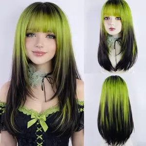 Glueless Synthetic Wig Neon Green Black Ombre with Bangs Heat Resistant Long Hair For Y2K Girl Daily Wear & Cosplay