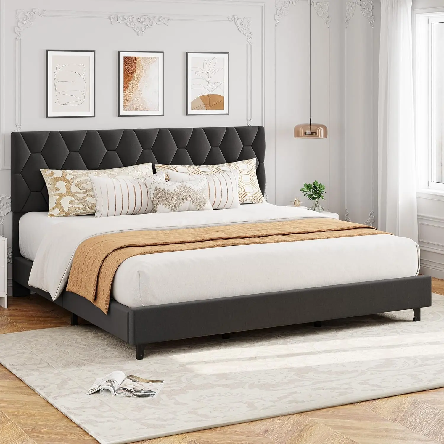 King Upholstered Bed Frame with Adjustable Headboard and 900 lb Support for a Silent, Cozy Bedroom