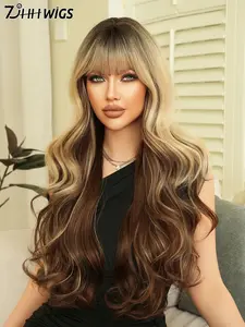 High-Quality 30 Inch Colorful Extra Long Wave Curly Wig with Bangs, Elegant Heat Resistant Synthetic Fiber, Perfect for Women Party Role Play, Loose Wave Wigs