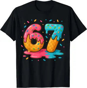 Six Seven Ice Cream Drip Cool Meme 67 Funny Number T-Shirt - Cotton Fabric Youth Boys Girl T-shirt