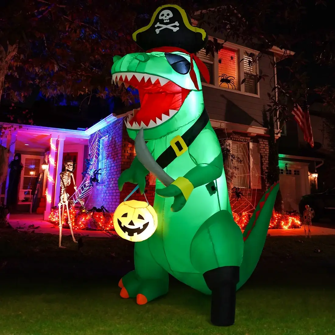 GOOSH 7FT Outdoor Halloween Decorations Halloween Dinosaur Inflatable, Halloween Inflatables Blow up Dinosaur, Green Pirate Dino Halloween Decorations Dinosaur Halloween Inflatable for Holiday/Party