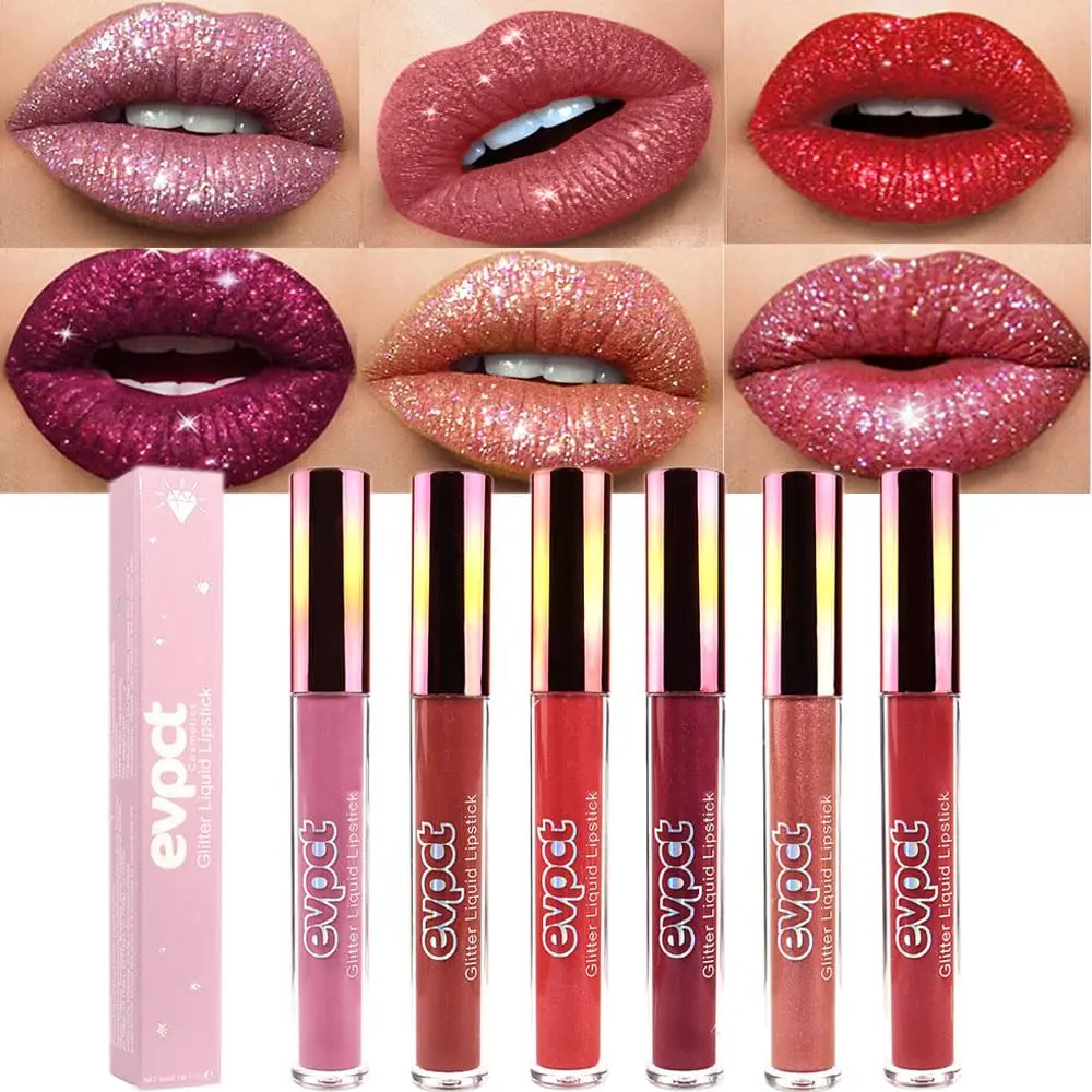 Women's 6PCS Glitter Liquid Lipstick Set - Makeup Kit with Matte-to-Metallic Diamond Lip Gloss, Waterproof, Long-Lasting, Smudge-Resistant Lip Color