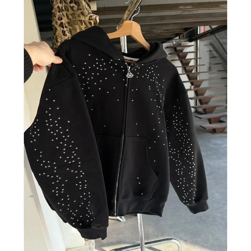 Oversized Star Pattern Zip-Up Hoodie - Chic Streetwear Long-Sleeve Pullover Tunic for Boys & Girls, S/M Sizes, Crew Neck, Zipper Front, Ideal for Casual Wear with Jeans, Birthday Gifts