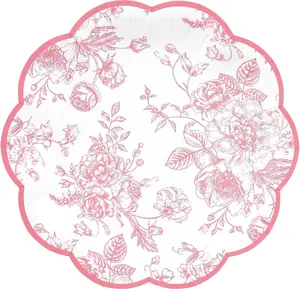 Pink Floral Party Plates Vintage Floral Leaf Disposable Paper Plates Wildflower Pink Toile 7" Scalloped Rim Dessert Plates for Valentines Birthday Bridal Tea Party Supplies