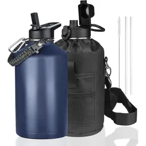 One Gallon Insulated Water Bottle with Straws & 2 Lids, 128oz Stainless Steel Double Walled Vacuum Water Jug, Large Wide Mouth with Paracord Handle for Gym Camping Hiking, Navy Blue perfect gift