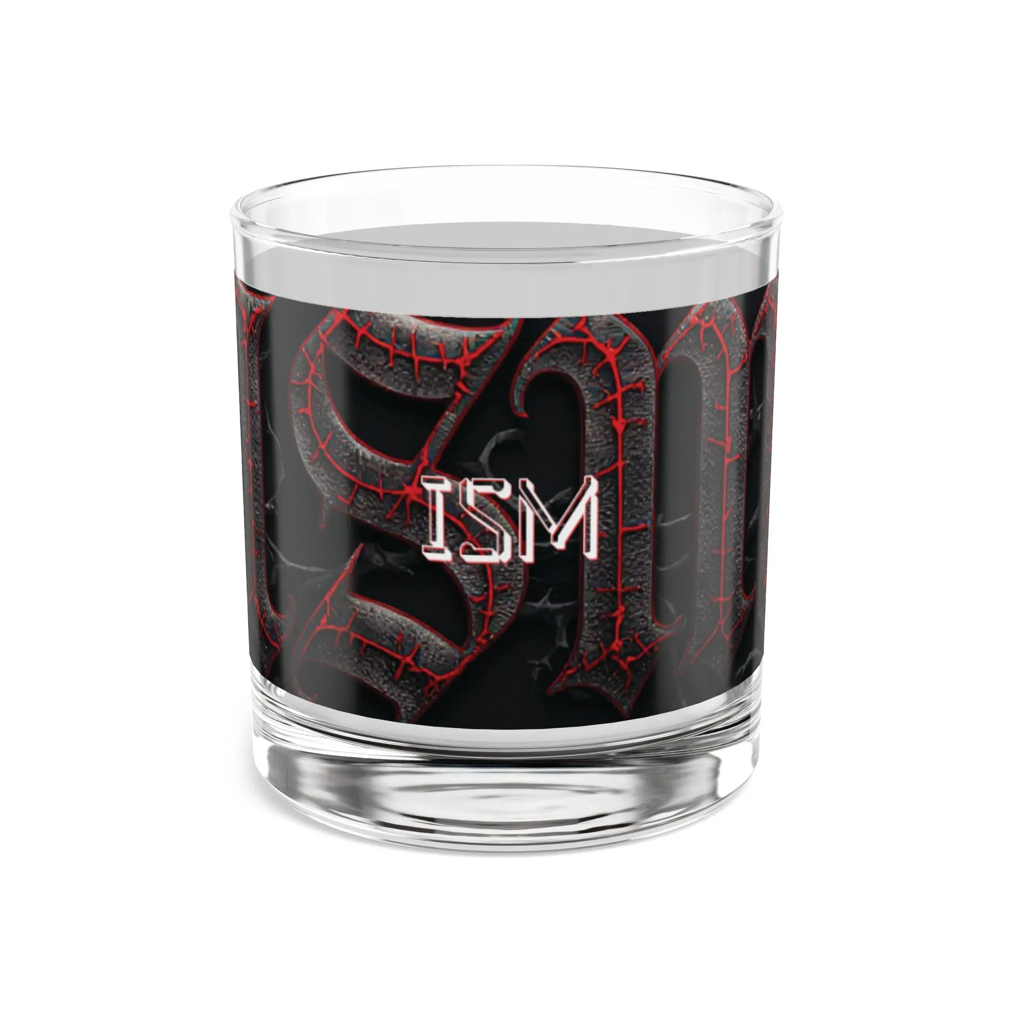 10oz Tempered Glass Rocks Glass, Gothic Red and Black Graphic Print, Monogram "ISM", Elegant Modern Silhouette, for Gothic Enthusiasts