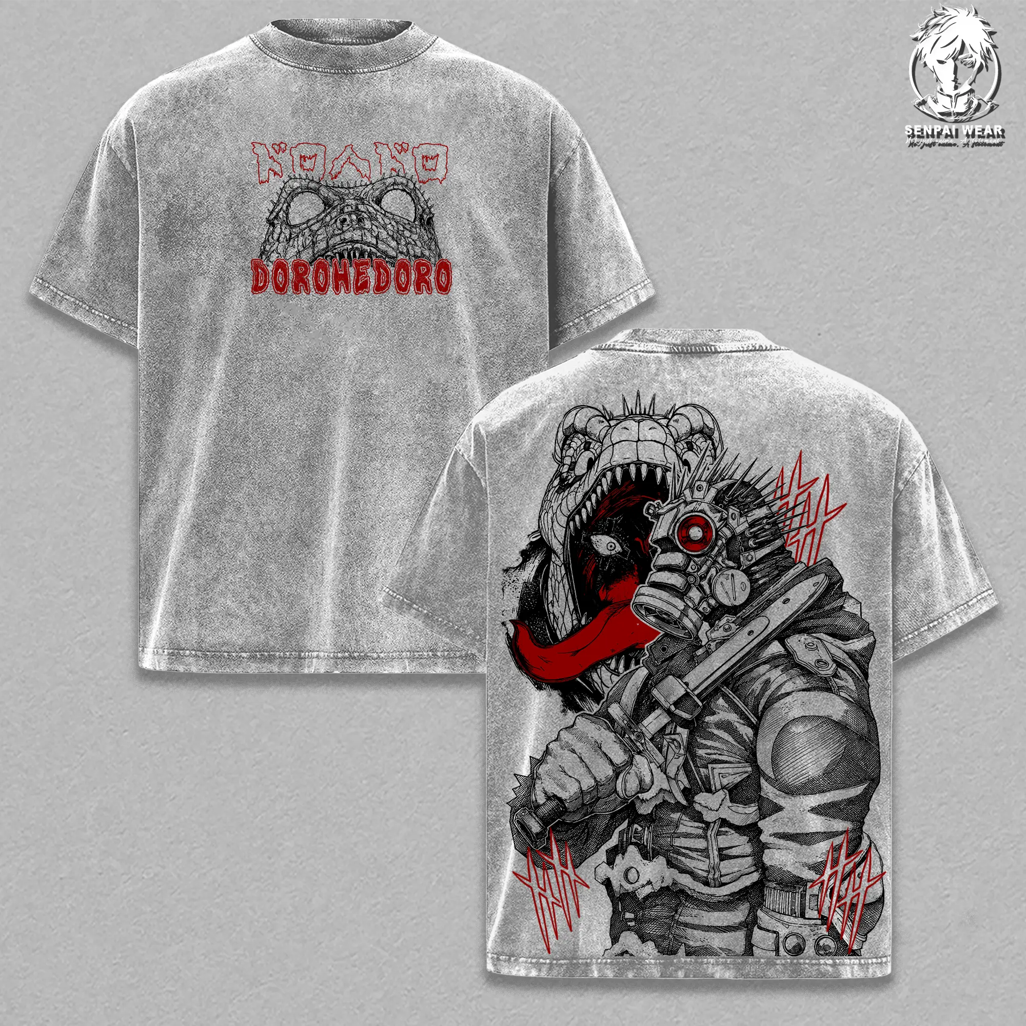Caiman Lizard Head Vintage Washed Oversized T-Shirt – Dorohedoro Double Printed Graphic Tee, Streetwear Casual, Heavy Cotton Unisex Top, The Hole, Gift for Anime Fans Clothes Menswear