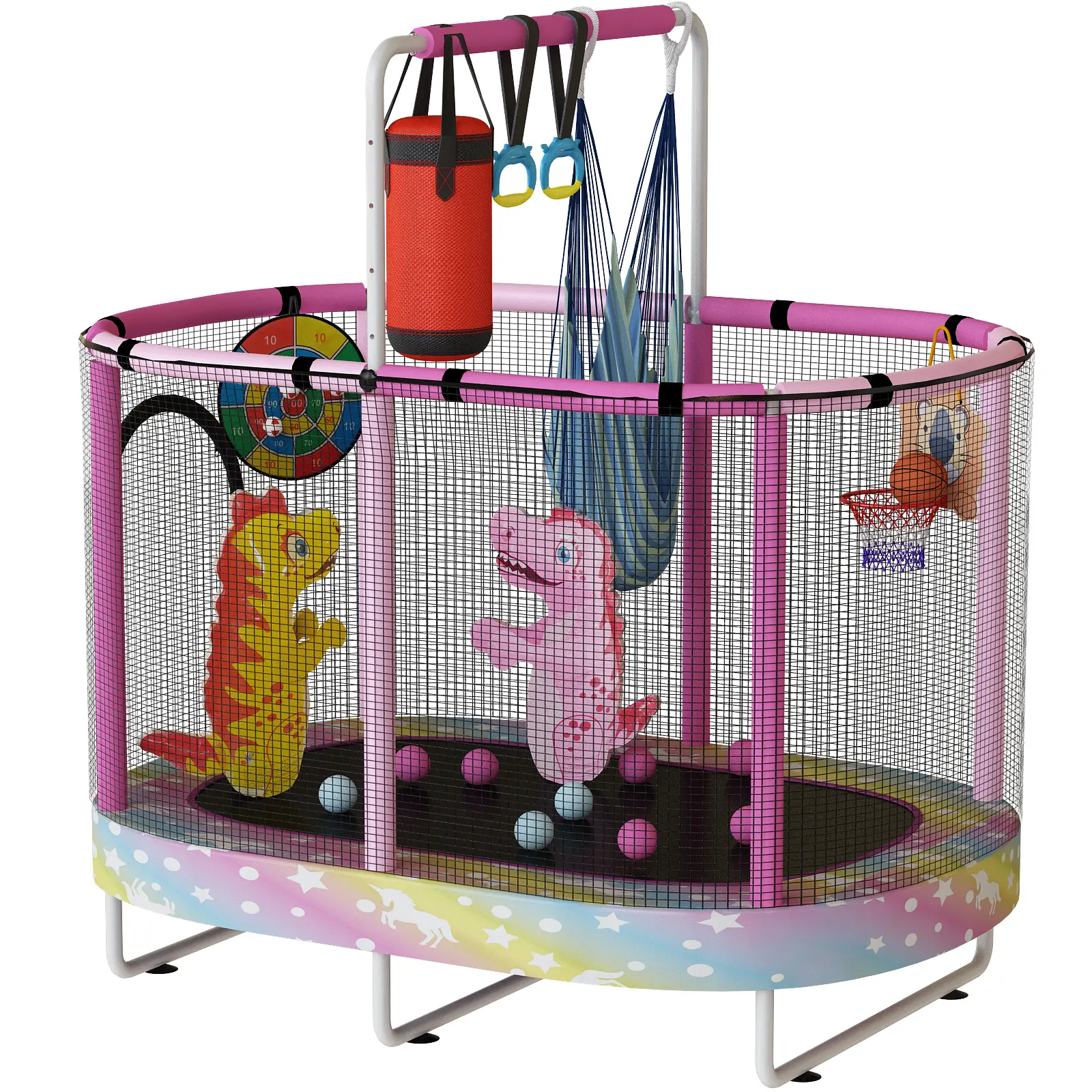 Lamerge Kids Trampoline with Silent Basketball Hoop ASTM Approved Elliptic Design 500lbs Capacity Adjustable Handrail 7-in-1 Playset for Ages 1-8 trampoline Silicone Ball Set