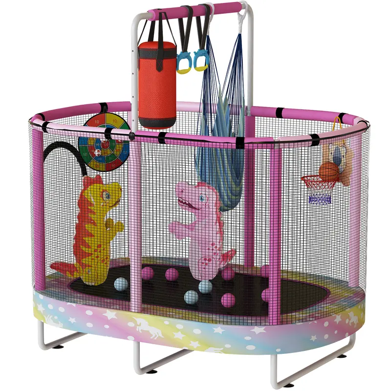 Lamerge Toddler Trampoline - ASTM Approved Elliptical Steel Frame, 500lbs Capacity, Adjustable Handrail, Silent Basketball Hoop, 7-in-1 Ocean-Dinosaur Recreational Playset with 36-Piece Silicone Ball Set for 3-4 Years Kids (Backyard Bounce, Indoor Fun)