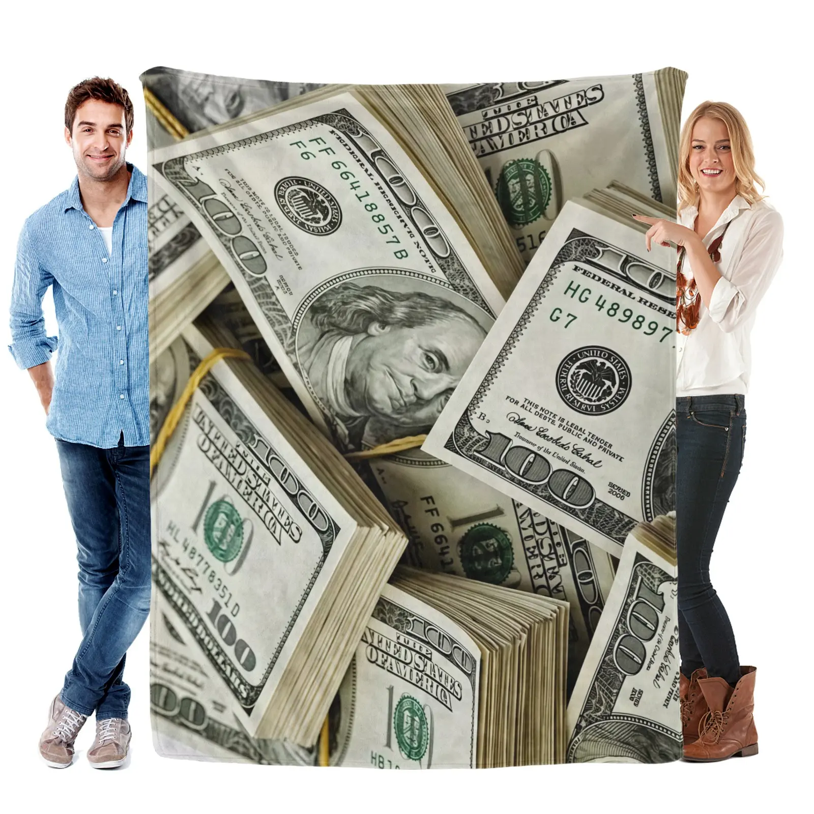 100 Dollar Bills Print Plain Flannel Comfy Throw Blanket - Ultra Soft, Lightweight, Warm Home Decor Decorative Item, Ideal for Sofa, Perfect Gift for Money Lovers (Boosts Warmth), Blankets For Sofa