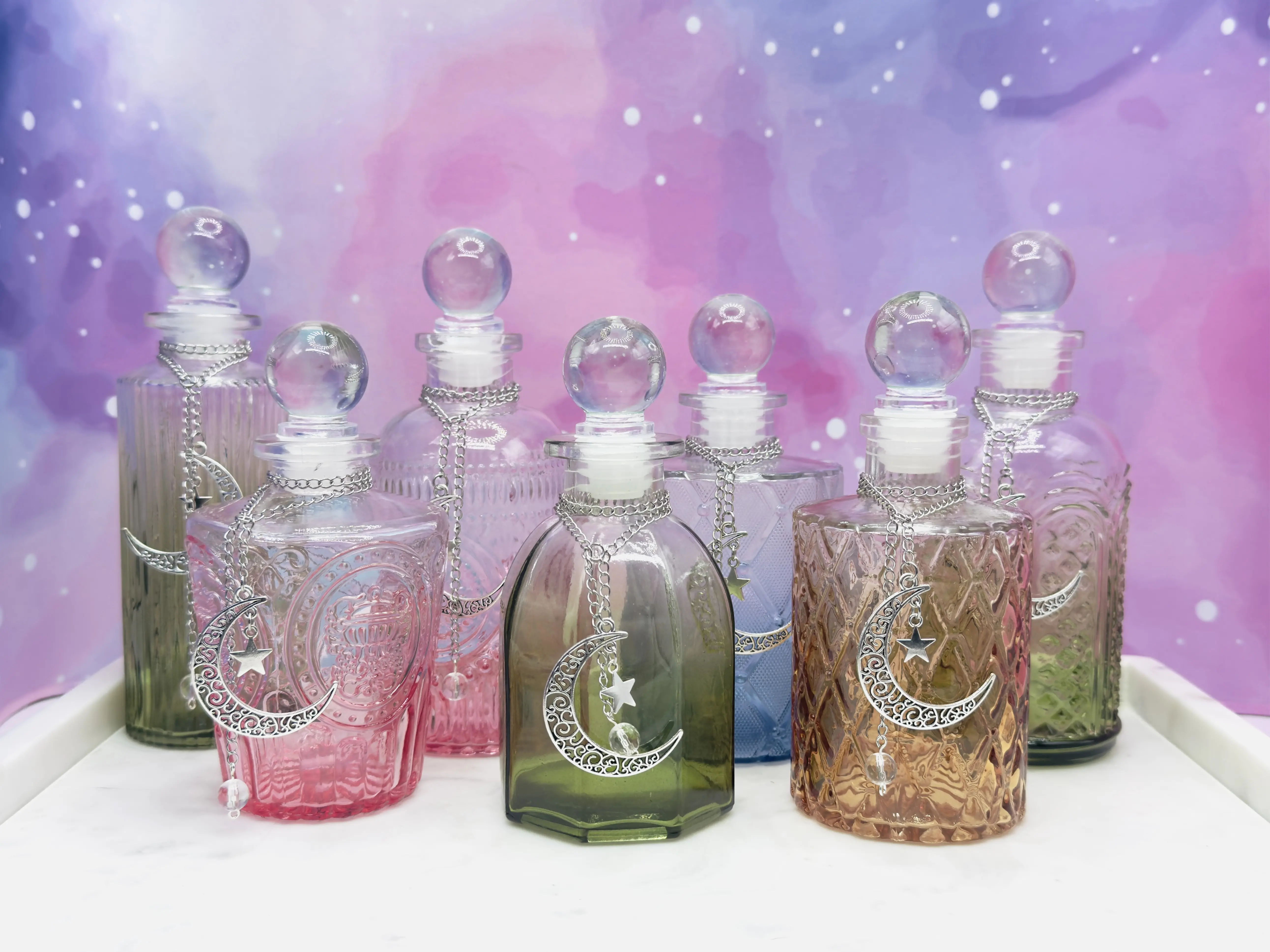 Colorful Glass Celestial Moon Bottle – Decorative Lunar Glass Decor Gift Set - Glass Decanter for Home & Altar Decor Includes Spell Cards & Clear Quartz Stone with *Free* Moon Magic Bundle Printables