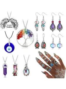 Unique 27 Pcs Colorful Trendy Jewelry Set Fashionable Stones Alloy Necklaces Rings Earrings for Women Men Life Tree Necklace Evil Eye Pendant Necklaces Vintage Stackable Rings Drop Dangle Earrings Hippie Jewelry Set