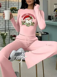 Women's Christmas Print Slim-Fit Long Sleeve Top & Wide-Leg Pants Set, Casual Fashion Round Neck T-Shirt & Hotpants, Fall outfit