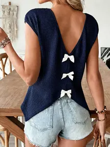 Women's Waffle Texture Sleeveless T Shirt, Summer Clothes Women, Casual Loose Fit Cute V Neck Bow Detail Top for Daily Outdoor Travel, Ladies Summer Clothes, Women's Clothing, Womenswear, Street Trendy Outfits, Relaxed Fit Comfortable Soft Blouse