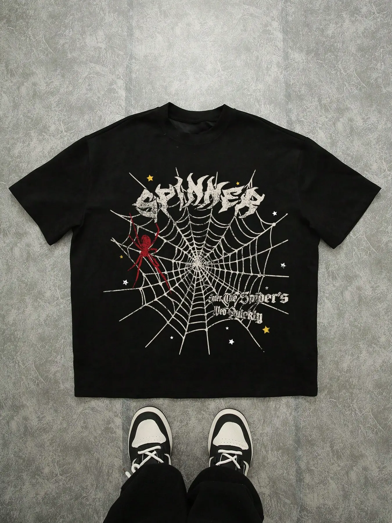 Men's Oversized Spider Web Graphic T-Shirt, Spider Print, Vintage Pattern, Distressed, Summer Casual Streetwear Menswear Fashion Top