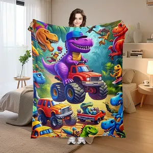 Vibrant Purple Dinosaurs & Playful Cars Lush Animated Forest Scene Whimsical Cozy Throw Blanket Adventure Comfort,Christmas gifts birthday gifts