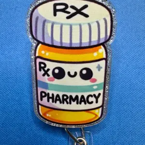 Pharmacy Badge Reel with Cute RX Bottle Design for Healthcare Professionals