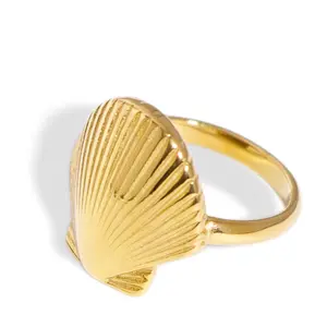 18K Gold-Plated Stainless Steel Seashell Ring, Coastal Beach Style Jewelry for Women, Vintage Mermaidcore Aesthetic Gift