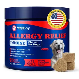 Dog Allergy Relief Chews – YOYOBAY 70 Soft treat Chews, Turkey & Pumpkin Flavor - Immune Support & Itch Relief with Colostrum, Astragalus Root, 6-Strain Gut Health Blend