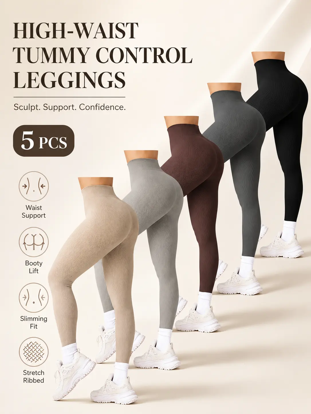 YMZFIT 5PCS High Waist Ribbed Leggings - Tummy Control & Booty Lifting Slimming Pants, Stretchy Compression Yoga Leggings for Women, Workout/Everyday Wear