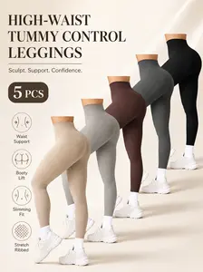 YMZFIT 5PCS High Waist Ribbed Leggings - Tummy Control & Booty Lifting Slimming Pants, Stretchy Compression Yoga Leggings for Women, Workout/Everyday Wear