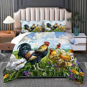 2/3 Pcs Watercolor Pastoral Chicken Flock Bedding Comforter Set, Comforter & 1/2 Pillowcases (no filler), All-Season, Chicken Flock Pattern, Fits Bedroom/Literary Fresh Space/Dorm, Ideal for Family/Students/Holiday Gifting