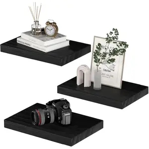 Small Floating Shelves for Wall - 12 x 9 Inch Black Shelves for Bedroom, Living Room, Bathroom, Kitchen, Office Decor Set of 3