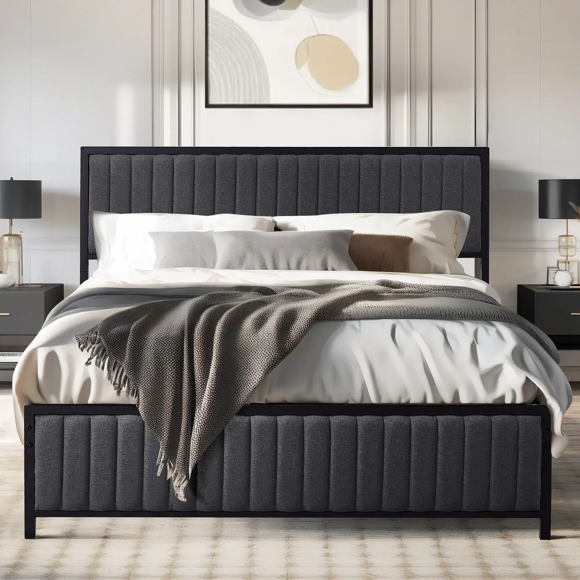 VECELO Upholstered Bed Frame Twin Queen Full Size Bed Frame with Tufted Leather Headboard & Footboard,No Box Spring Needed, Heavy Duty Strong Metal St