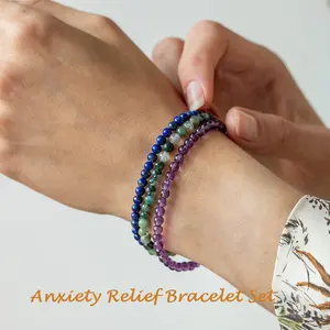 Anxiety Relief Beaded Gemstone Bracelet 3pcs Set - Lapis Lazuli, Amethyst and Moss Agate, 4mm Beaded Energy Crystal Bracelets