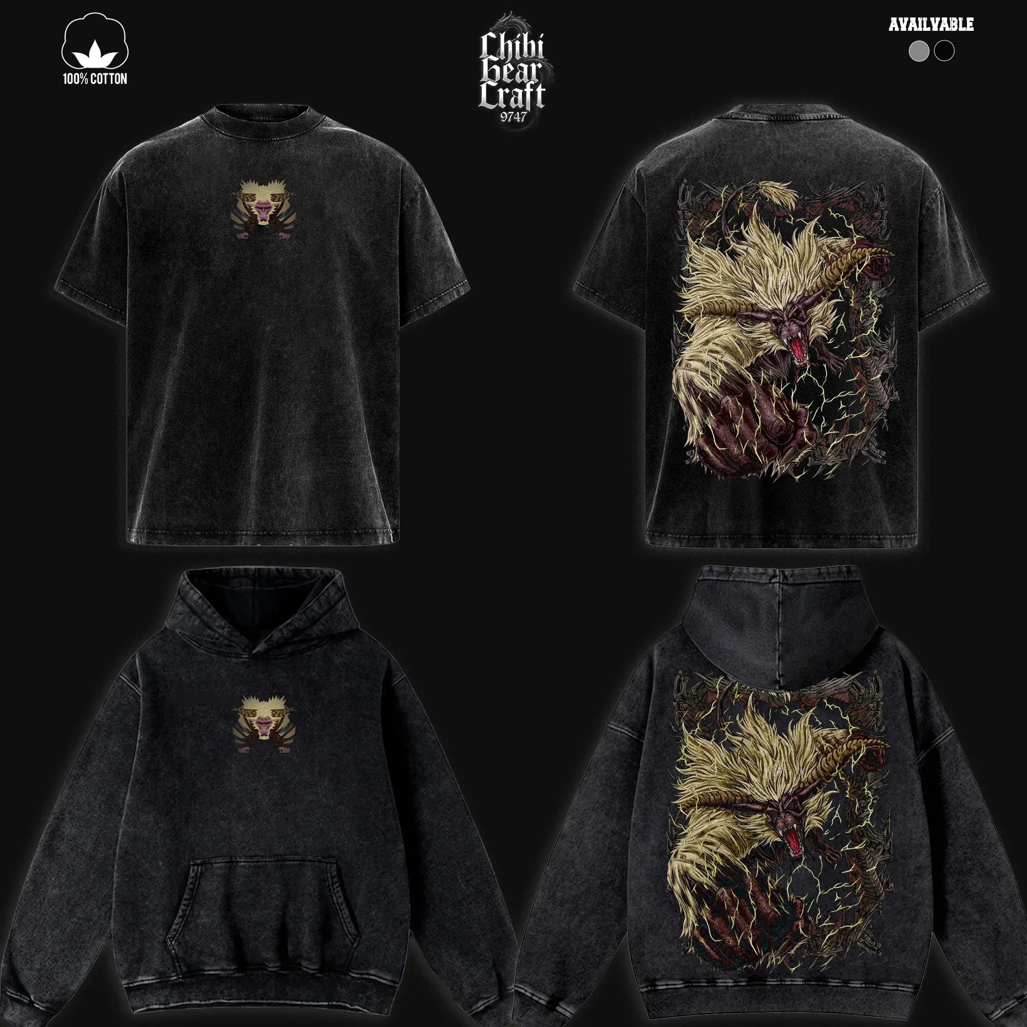 Monster Hunter Rajang Shirt Golden Mane Vintage Washed Oversized Hoodie Retro Gaming Thunder Ape Graphic Tee Faded Streetwear Y2K Merch