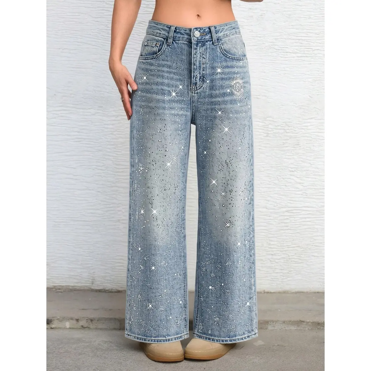 TCH-Y2K Starry Night Rhinestone Straight Leg Jeans - Celestial High-Waisted Sparkle Denim - Vintage Wash Streetwear 2026 #Greenish #TikTokShopSpringGlowUp