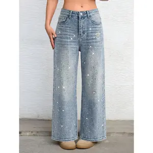 TCH-Y2K Starry Night Rhinestone Straight Leg Jeans - Celestial High-Waisted Sparkle Denim - Vintage Wash Streetwear 2026 #Greenish #TikTokShopSpringGlowUp