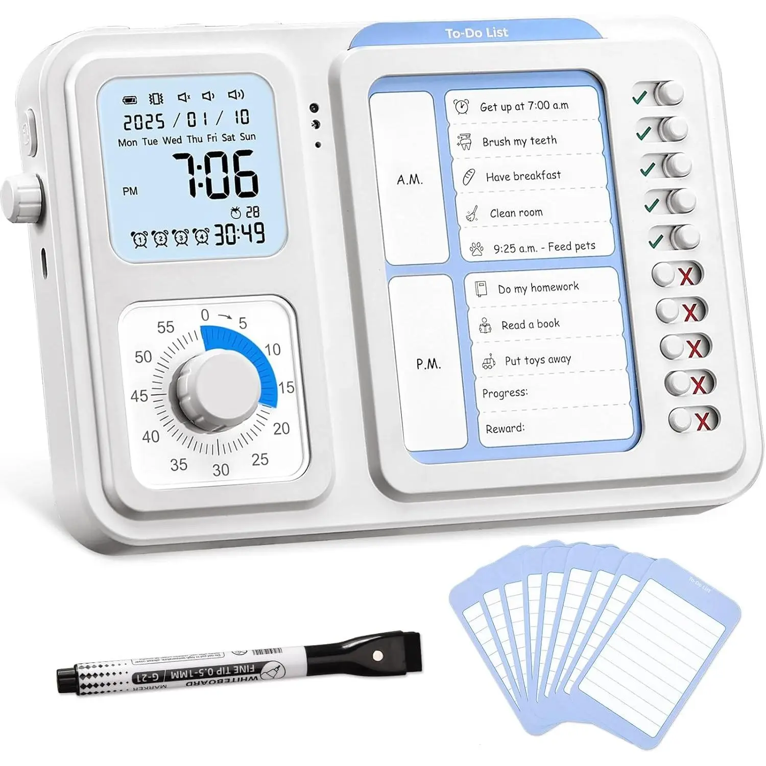 3-in-1 Visual Timer &  Tool for |Adults, Task Timer with Chore Chart Board, Visual Schedule for  with , Daily Checklist for , School, Classroom, Desk (White)