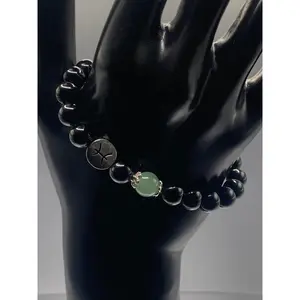 Pisces Zodiac black obsidian with green aventurine elastic beaded bracelet with silver accents