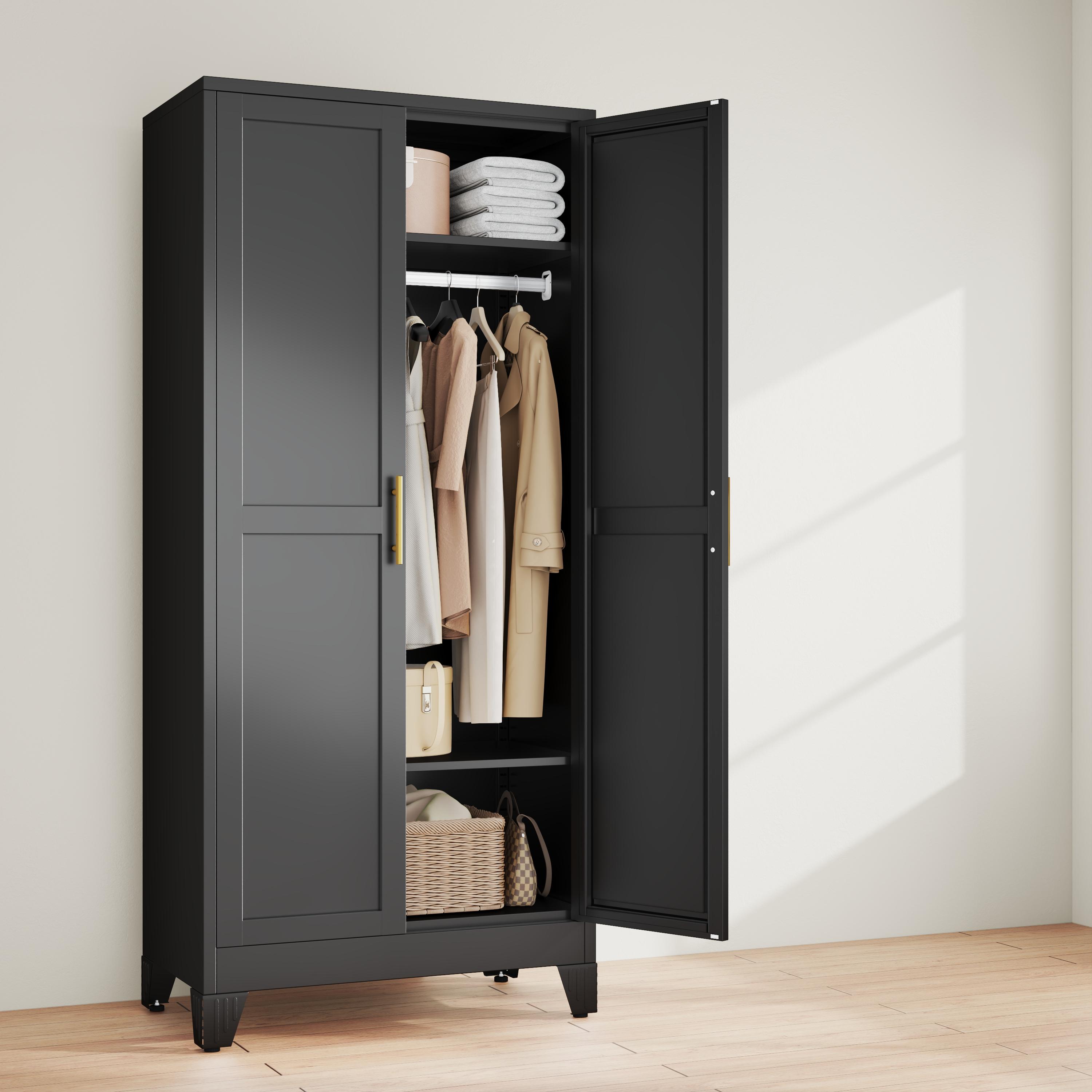 Metal Armoire Wardrobe Closet with 2 Doors, Freestanding Bedroom Clothing Storage Cabinet with Adjustable Shelves & Hanging Rod Metal Armoire Wardrobe Closet with 2 Doors, Freestanding Bedroom Clothing Storage Cabinet with Adjustable Shelves & Hanging Rod