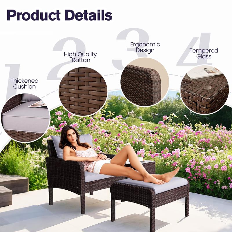 【2 Packages Shipping】5-Piece PE Rattan Patio Set – Wicker Chairs with Ottoman & Table, Perfect for Front Porch or Garden