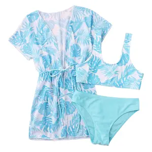 Kids Girls Swimsuits Bathing Suit 3 Piece Printed Swimwear Quick Dry Tankini Top and Briefs with Drawstring Cover for Swimming