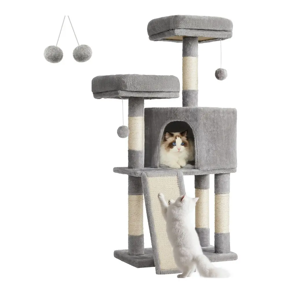 Feandrea Modern Cat Tree - 45.3 In Cat Tower Scratcher with Plush Condo, Scratching Post, Ramp, 2 Plush Perches, Spacious Cave for Small Spaces