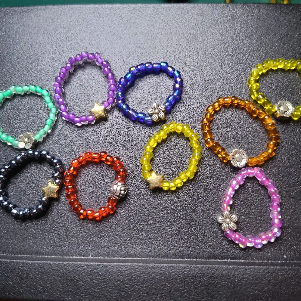 Elastic Seed Bead Rings with Charm - Pinky Rings - May Fit for Other Fingers - Available in Various Colors