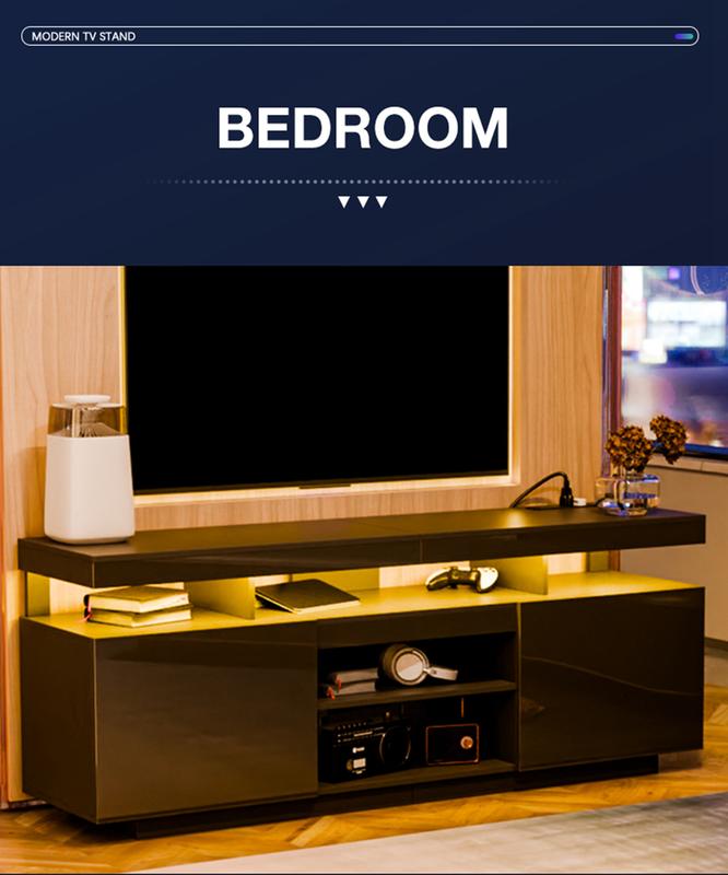 LED TV Stand for TVs up to 70" with Power Outlets Modern Entertainment Center High Gloss Finish Adjustable Shelf PS5 Storage Gaming Media Console bedroom  furniture