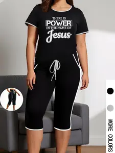 【Plus Size】 Two-Piece Set  Power in The Name of Jesus, Casual Short Sleeve Tee & Skinny Capri Pants, Women's Summer Clothes for Daily Wear, Suits