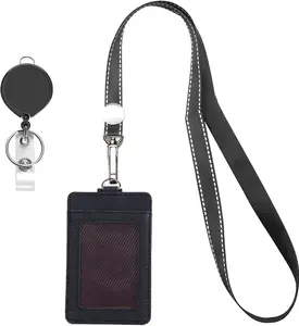 Black Nylon  Lanyard with PU Leather Vertical ID Badge Holder and Retractable Badge Reel,Lanyard,for   Women Men,Cruise,1 Pack