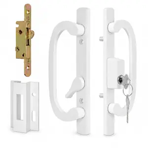 Teilmix White Keyed Offset Sliding Patio Door Handle Replacement Set Fits 1-1/2" to 2-1/4" Thick Door, 3-15/16" Hole Center, Non-Handed with Lock