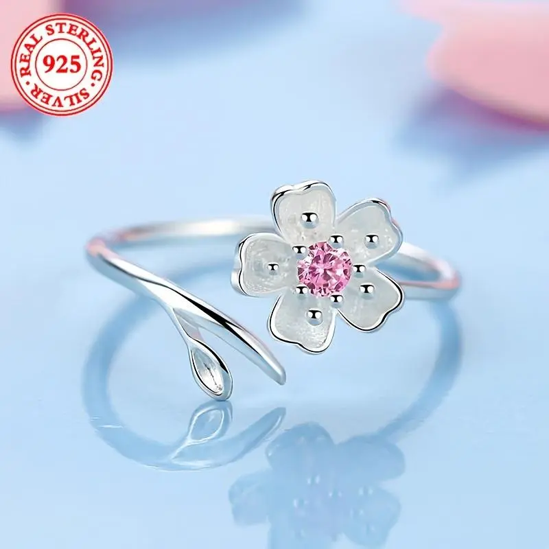 925 Silver Unisex Elegant Cute Cherry Blossom Wreath Adjustable Ring, Elegant Adjustable Silver Bracelet, Daily Wear Jewelry Accessories